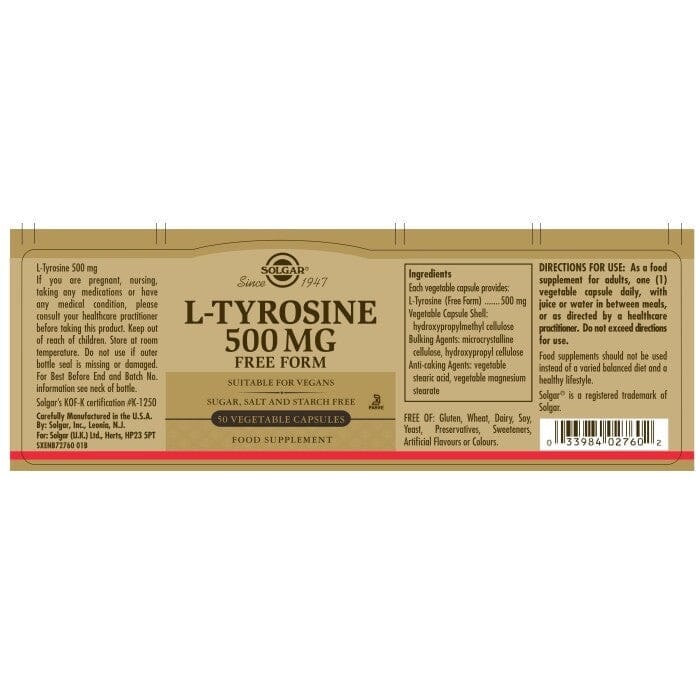 Solgar® L-Tyrosine 500 mg Vegetable Capsules - Pack of 50 Solgar