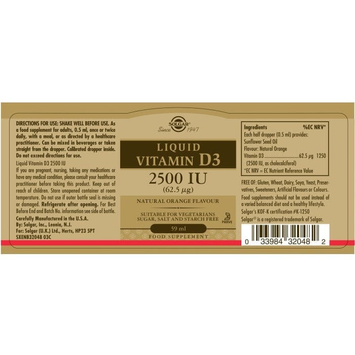 Solgar® Liquid Vitamin D3 2500 IU (62.5 µg) - Natural Orange Flavour - 59ml Solgar