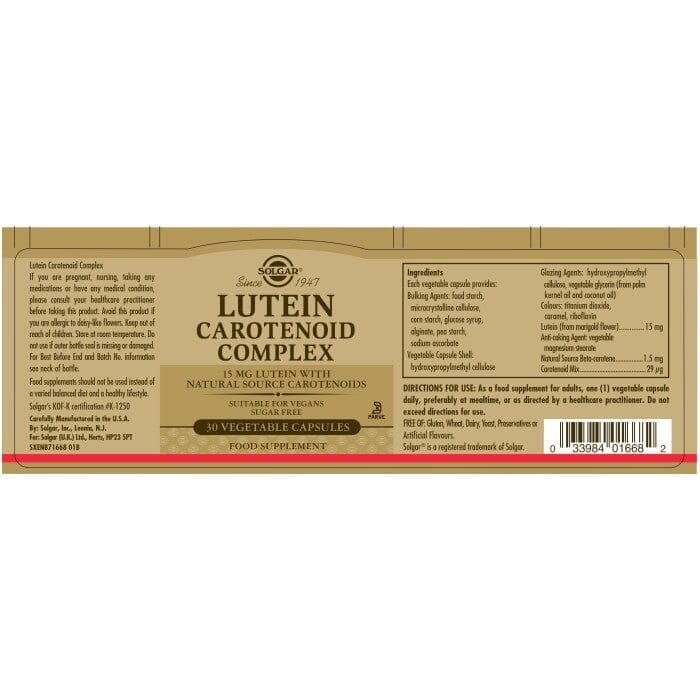 Solgar® Lutein Carotenoid Complex Vegetable Capsules - Pack of 30 Solgar