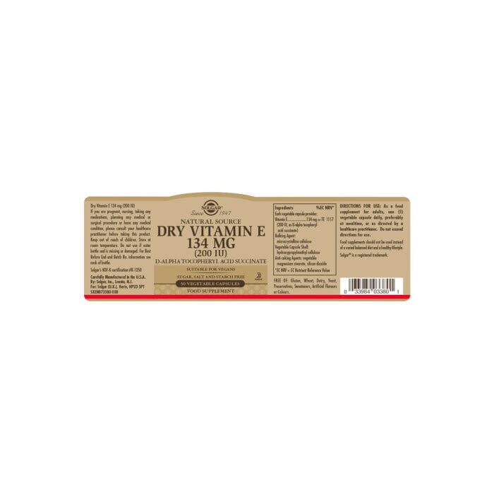 Solgar® Natural Source Dry Vitamin E 134 mg (200 IU) Vegetable Capsules - Pack of 50 Solgar