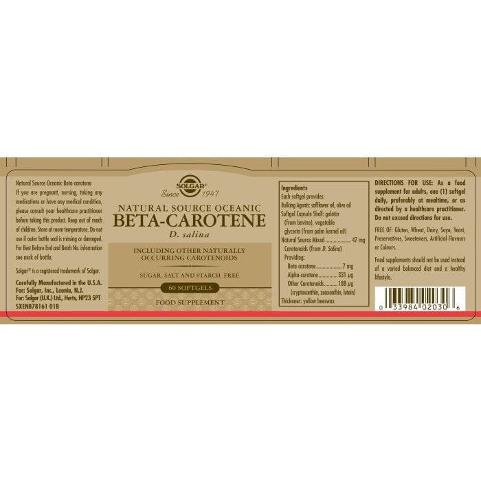 Solgar® Natural Source Oceanic Beta Carotene Softgels - Pack of 60 Solgar