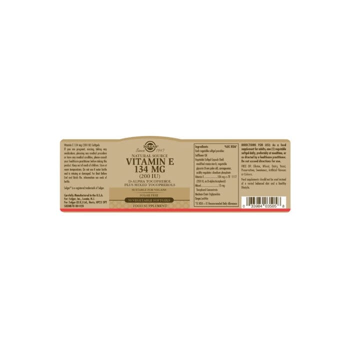 Solgar® Natural Source Vitamin E 134 mg (200 IU) Softgels - Pack of 50 Solgar