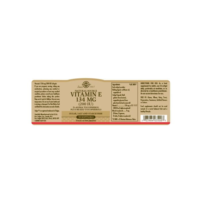Solgar® Natural Source Vitamin E 134 mg (200 IU) Vegetable Softgels - Pack of 50 Solgar