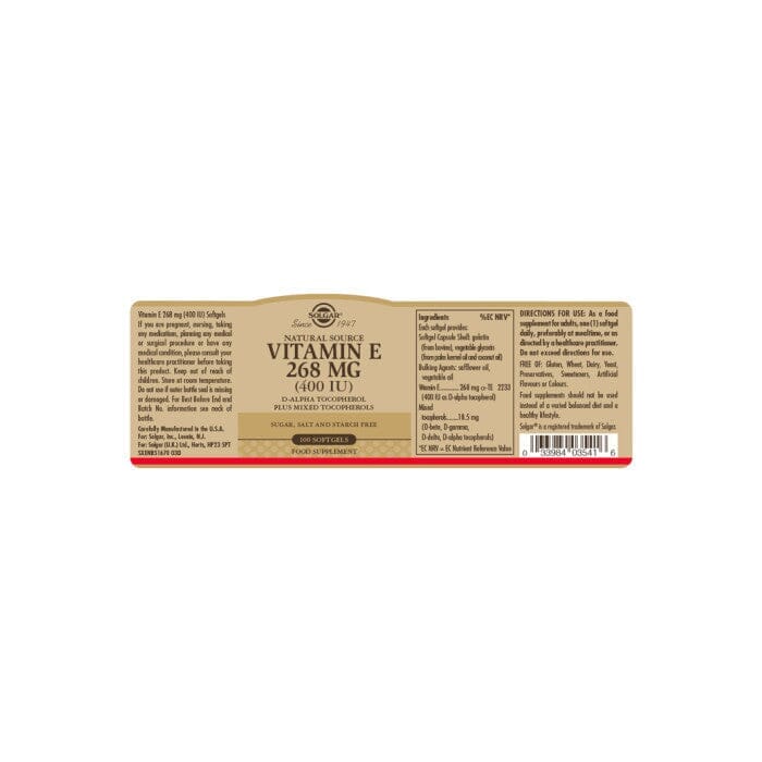 Solgar® Natural Source Vitamin E 268 mg (400 IU) Softgels - Pack of 100 Solgar