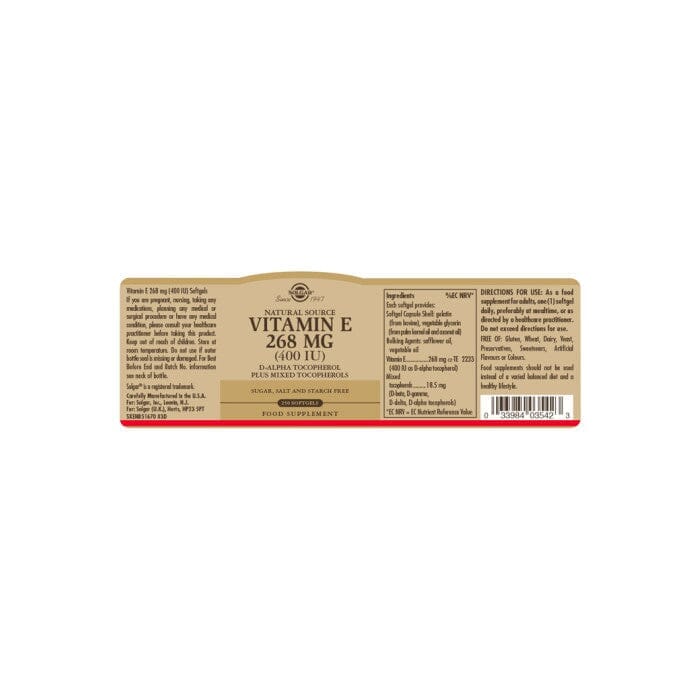 Solgar® Natural Source Vitamin E 268 mg (400 IU) Softgels - Pack of 250 Solgar
