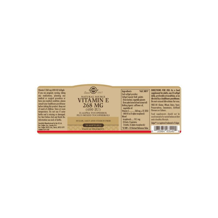 Solgar® Natural Source Vitamin E 268 mg (400 IU) Softgels - Pack of 50 Solgar