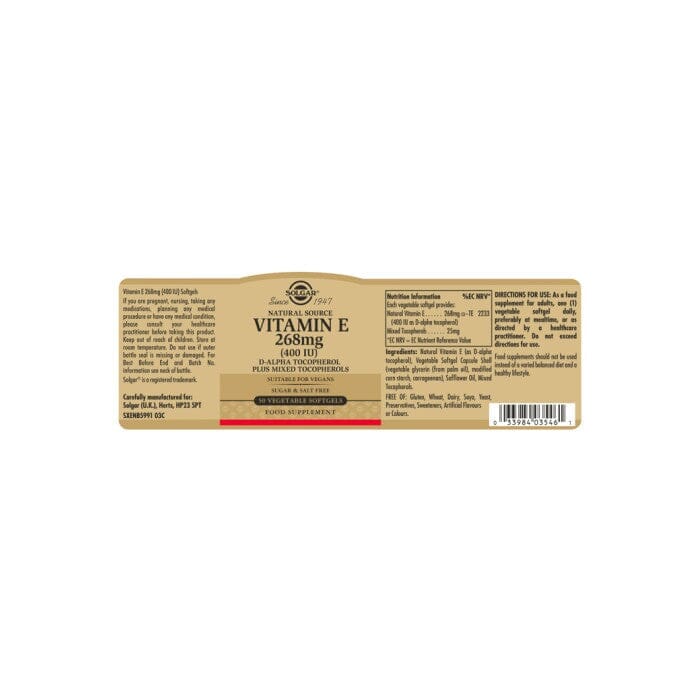 Solgar® Natural Source Vitamin E 268 mg (400 IU) Vegetable Softgels - Pack of 50 Solgar