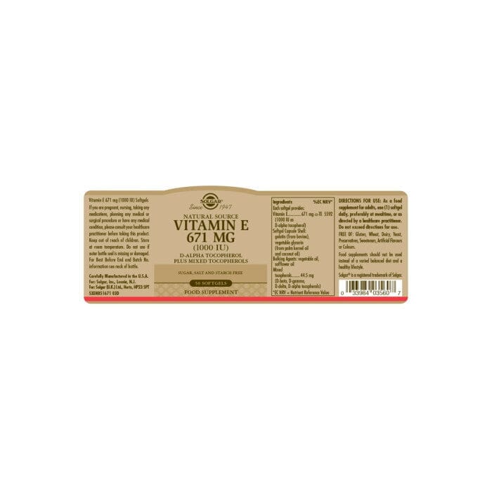 Solgar® Natural Source Vitamin E 671 mg (1000 IU) Softgels - Pack of 50 Solgar