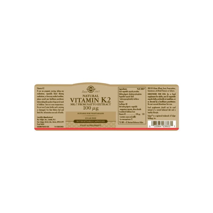 Solgar® Natural Vitamin K2 (MK-7) 100 µg Vegetable Capsules - Pack of 50 Solgar