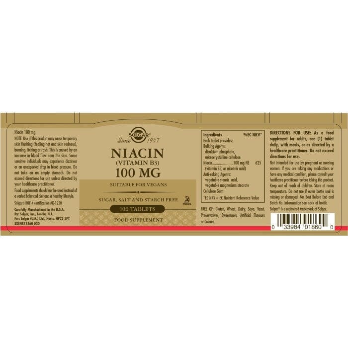 Solgar® Niacin (Vitamin B3) 100 mg Tablets - Pack of 100 Solgar