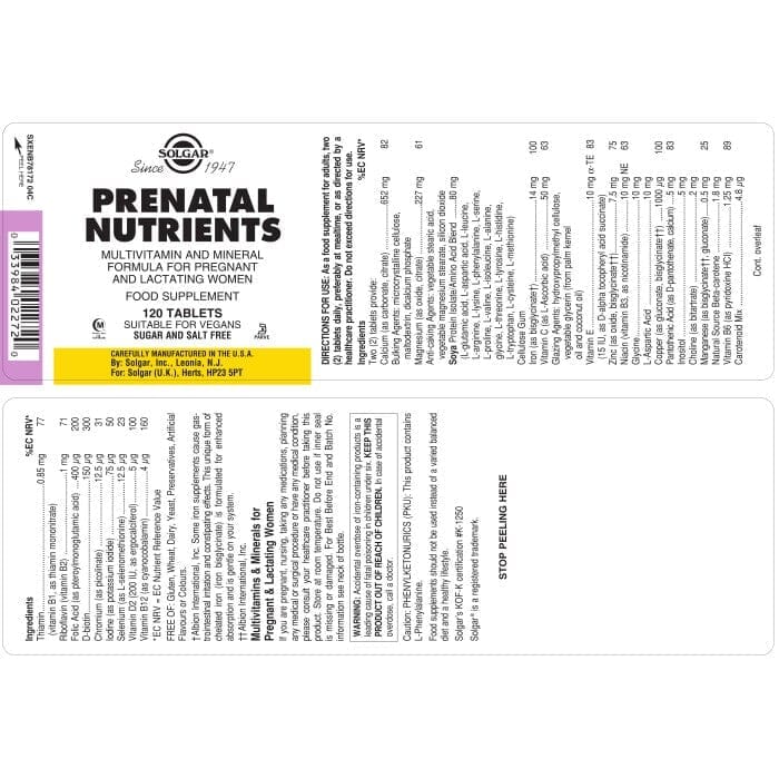 Solgar® Prenatal Nutrients Tablets - Pack of 120 Solgar