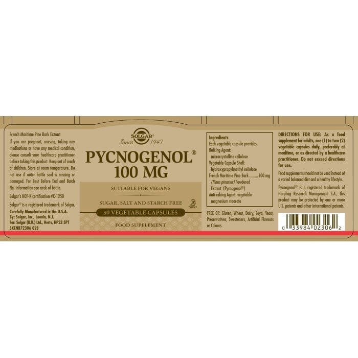 Solgar® Pycnogenol 100 mg Vegetable Capsules - Pack of 30 Solgar