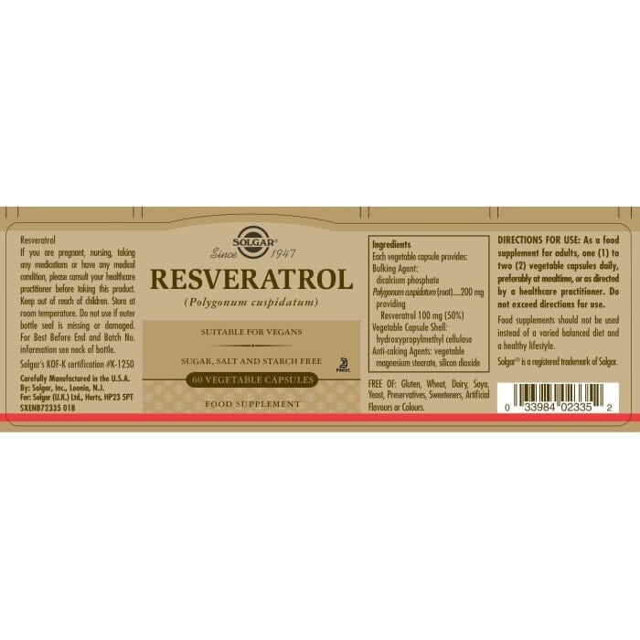 Solgar® Resveratrol 100 mg Vegetable Capsules - Pack of 60 Solgar