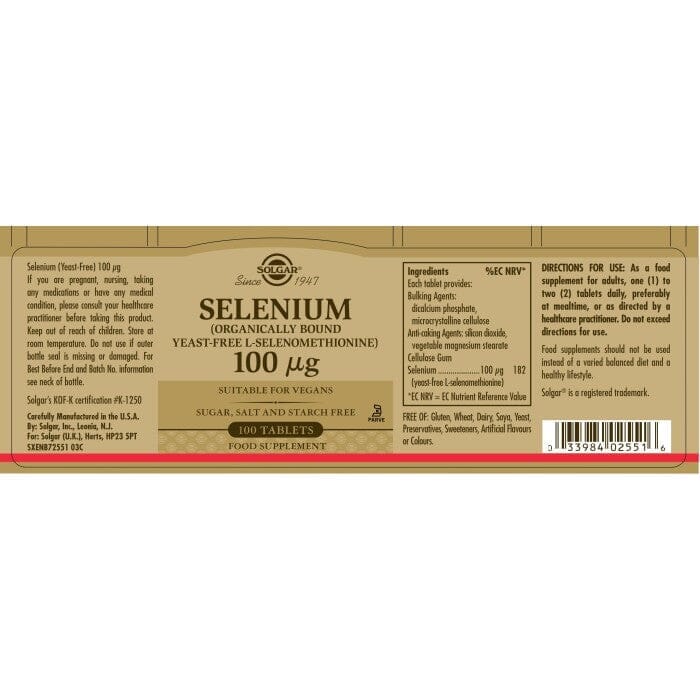 Solgar® Selenium (Yeast-Free) 100 µg Tablets - Pack of 100 Solgar
