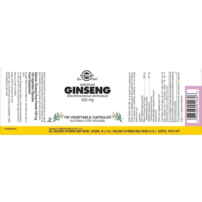 Solgar® Siberian Ginseng 520 mg Vegetable Capsules - Pack of 100 Solgar