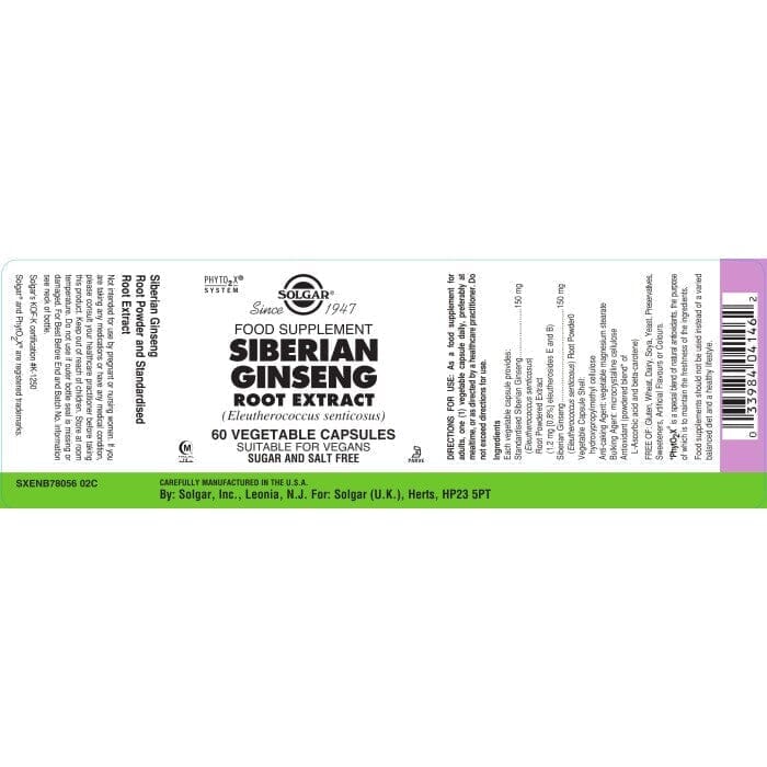 Solgar® Siberian Ginseng Root Extract Vegetable Capsules - Pack of 60 Solgar