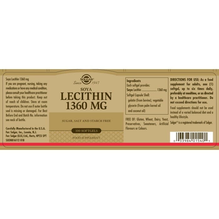 Solgar® Soya Lecithin 1360 mg Softgels - Pack of 100 Solgar