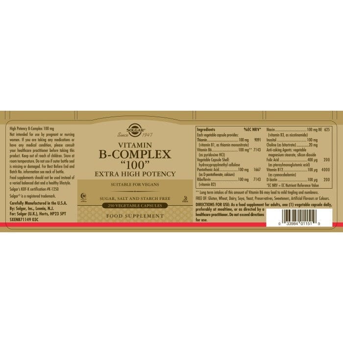 Solgar® Vitamin B-Complex "100" Extra High Potency Vegetable Capsules - Pack of 250 Solgar