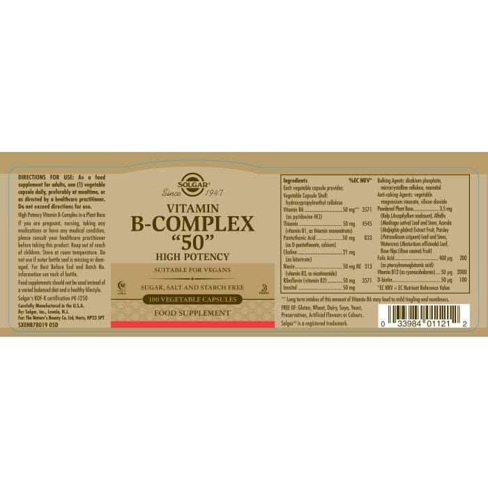 Solgar® Vitamin B-Complex "50" High Potency Vegetable Capsules - Pack of 100 Solgar