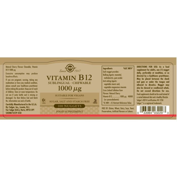 Solgar® Vitamin B12 1000 µg Sublingual - Chewable Nuggets - Pack of 100 Solgar
