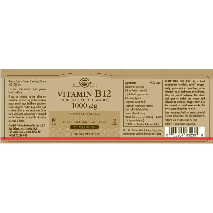 Solgar® Vitamin B12 1000 µg Sublingual - Chewable Nuggets - Pack of 250 Solgar