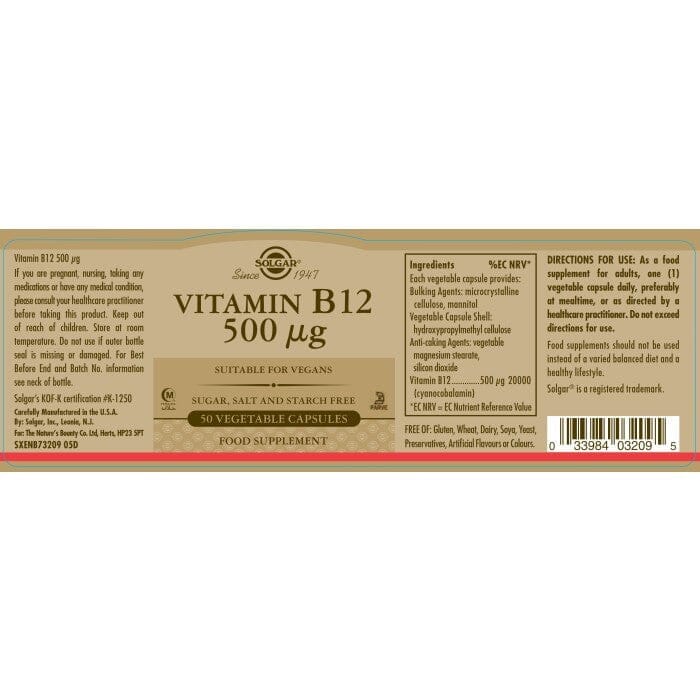 Solgar® Vitamin B12 500 µg Vegetable Capsules - Pack of 50 Solgar
