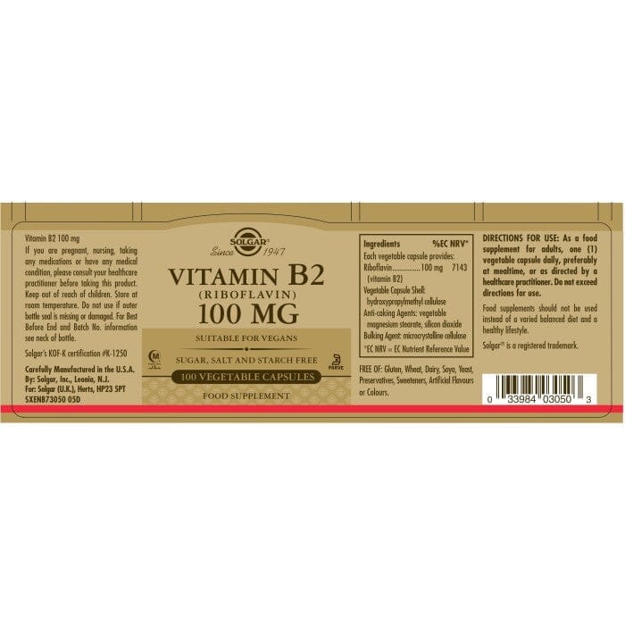 Solgar® Vitamin B2 (Riboflavin) 100 mg Vegetable Capsules - Pack of 100 Solgar
