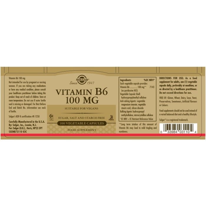 Solgar® Vitamin B6 100 mg Vegetable Capsules - Pack of 100 Solgar