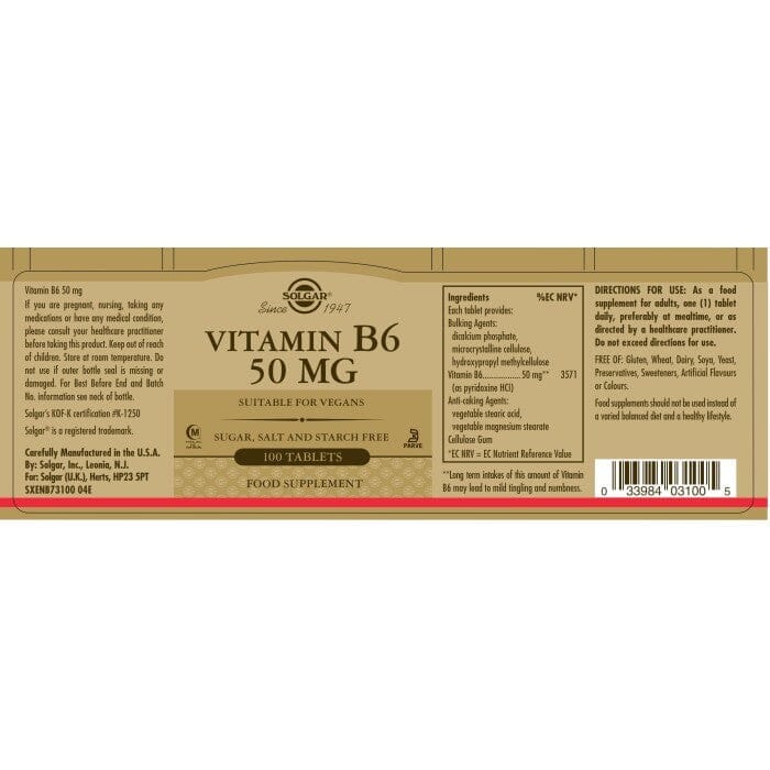 Solgar® Vitamin B6 50 mg Tablets - Pack of 100 Solgar
