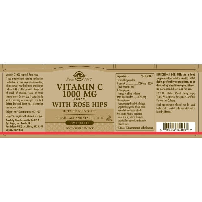 Solgar® Vitamin C 1000 mg with Rose Hips Tablets - Pack of 100 Solgar