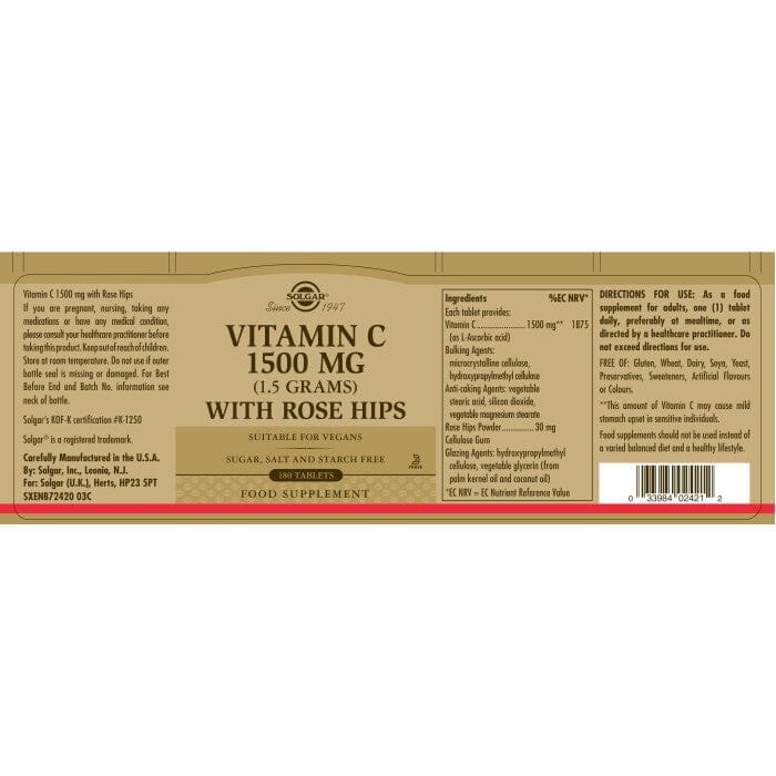 Solgar® Vitamin C 1500 mg (1.5 grams) with Rose Hips Tablets - Pack of 180 Solgar