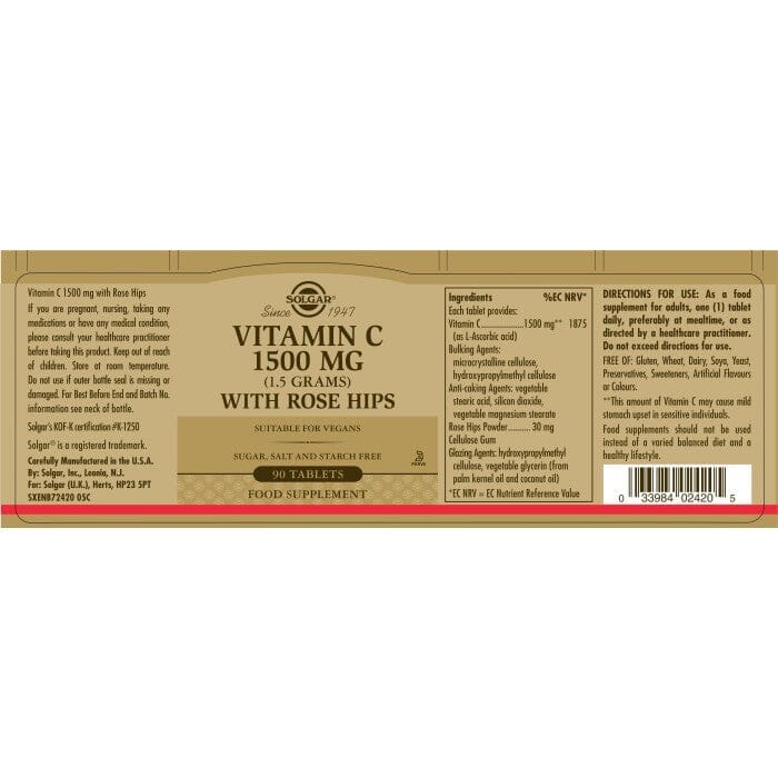 Solgar® Vitamin C 1500 mg (1.5 grams) with Rose Hips Tablets - Pack of 90 Solgar