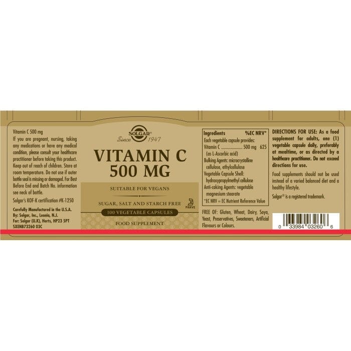 Solgar® Vitamin C 500 mg Vegetable Capsules - Pack of 100 Solgar
