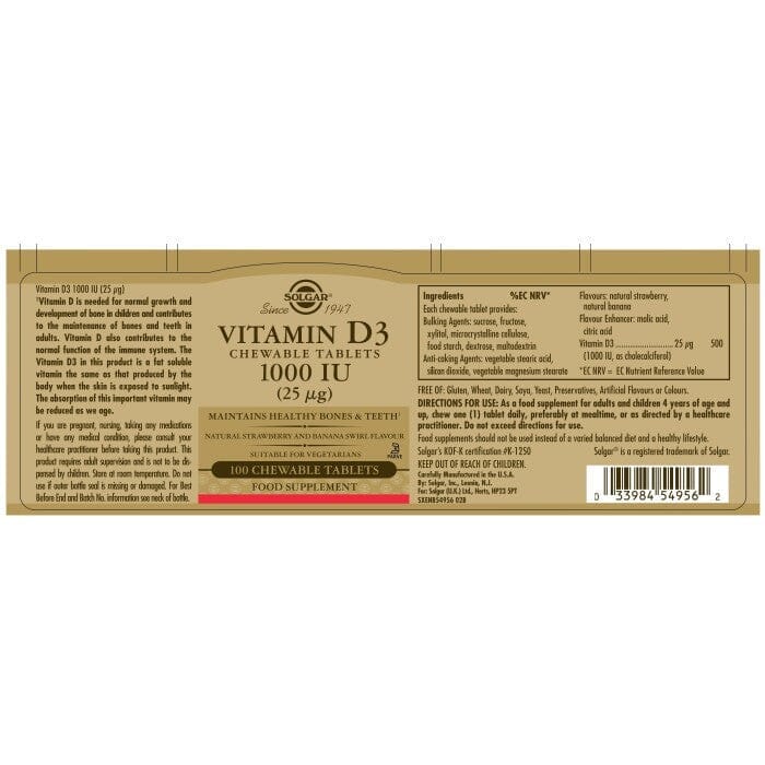 Solgar® Vitamin D3 1000 IU (25 µg) Chewable Tablets - Pack of 100 Solgar
