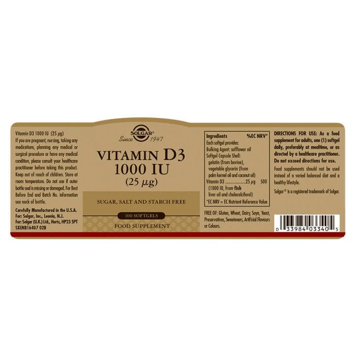 Solgar® Vitamin D3 1000 IU (25 µg) Softgels - Pack of 100 Solgar