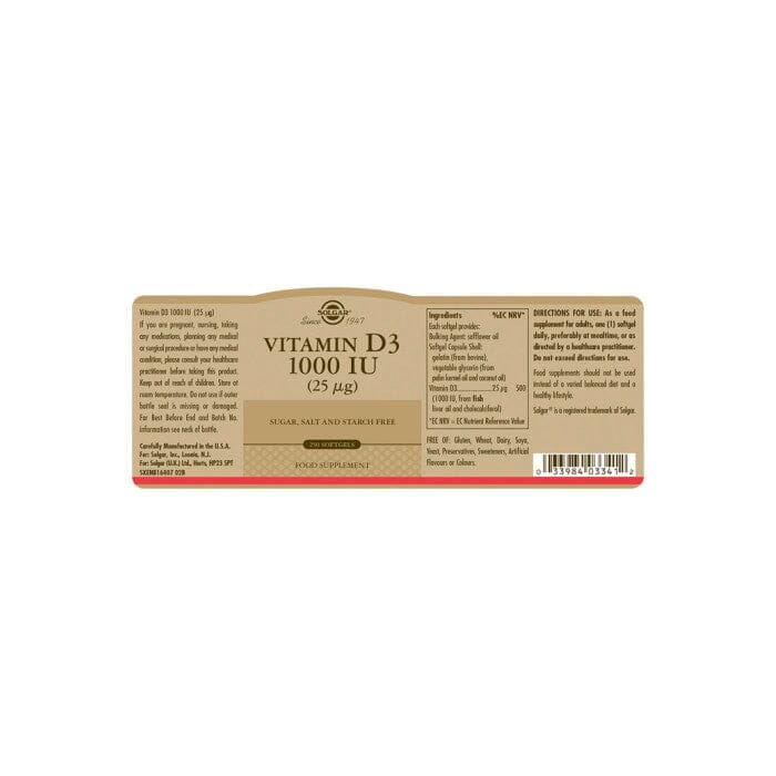 Solgar® Vitamin D3 1000 IU (25 µg) Softgels - Pack of 250 Solgar