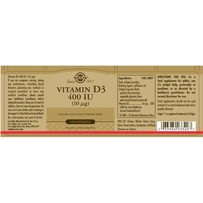 Solgar® Vitamin D3 400 IU (10 μg) Softgels - Pack of 100 Solgar