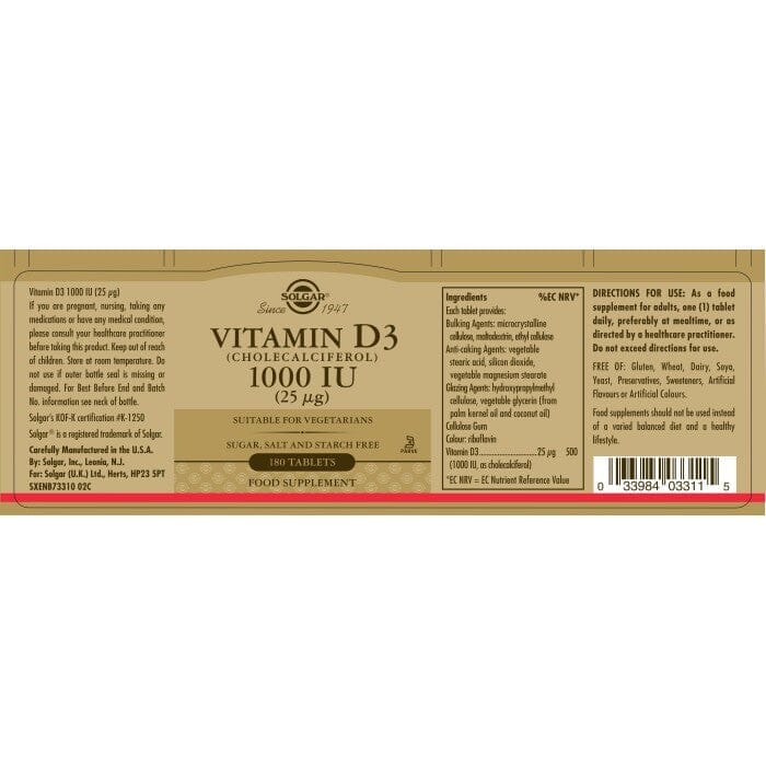Solgar® Vitamin D3 (Cholecalciferol) 1000 IU (25 µg) Tablets - Pack of 180 Solgar