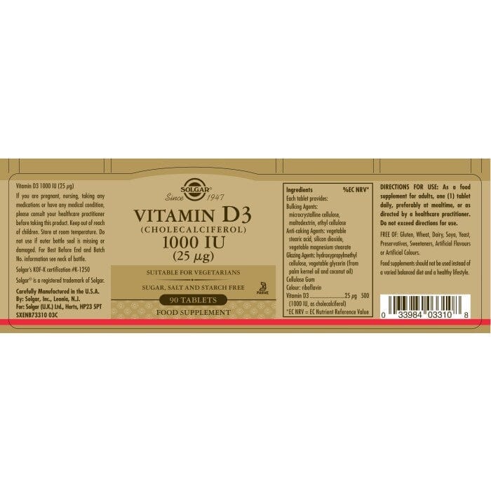 Solgar® Vitamin D3 (Cholecalciferol) 1000 IU (25 µg) Tablets - Pack of 90 Solgar