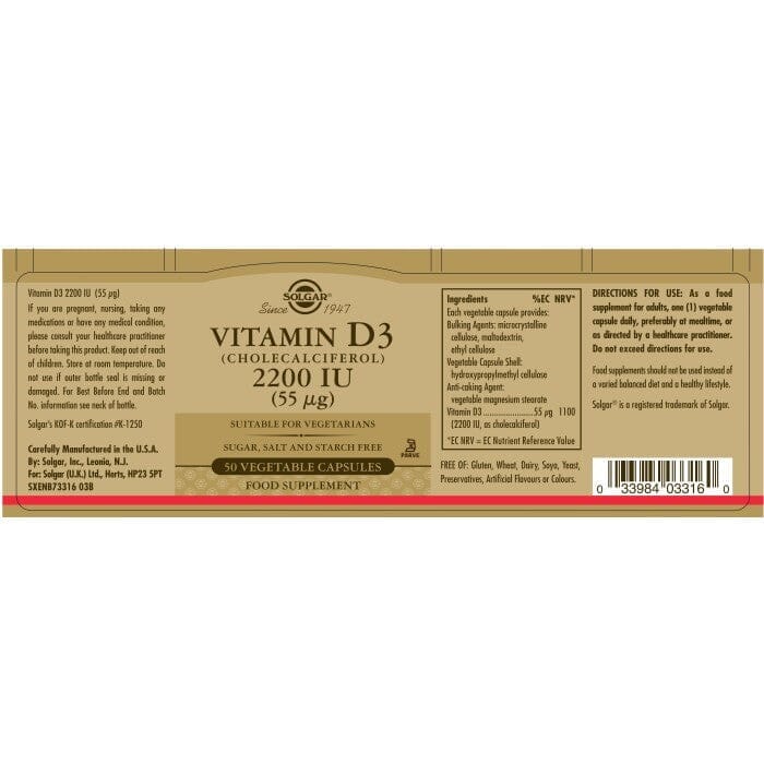 Solgar® Vitamin D3 (Cholecalciferol) 2200 IU (55 µg) Vegetable Capsules - Pack of 50 Solgar