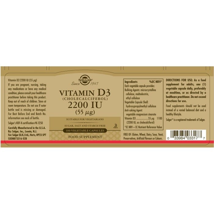Solgar® Vitamin D3 (Cholecalciferol) 2200IU (55 µg) Vegetable Capsules - Pack of 100 Solgar