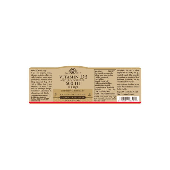 Solgar® Vitamin D3 (Cholecalciferol) 600 IU (15 µg) Vegetable Capsules - Pack of 120 Solgar