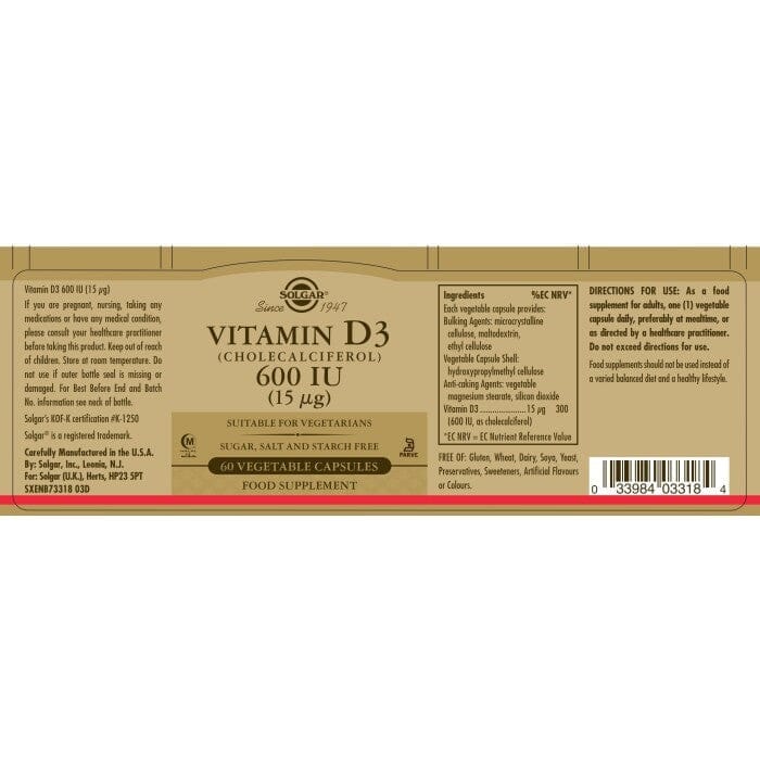 Solgar® Vitamin D3 (Cholecalciferol) 600 IU (15 µg) Vegetable Capsules - Pack of 60 Solgar