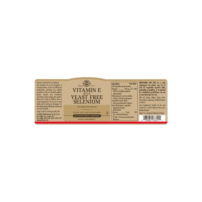 Solgar® Vitamin E with Yeast Free Selenium Vegetable Capsules - Pack of 100 Solgar