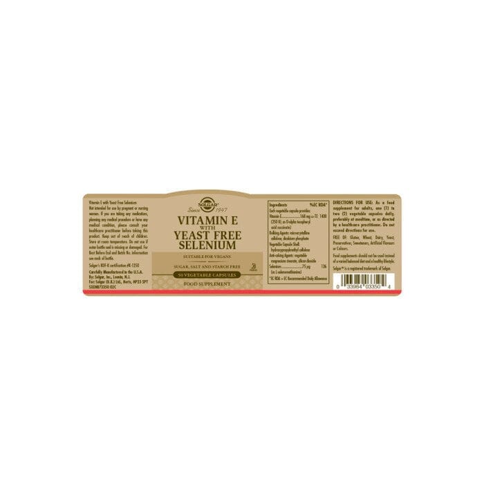 Solgar® Vitamin E with Yeast Free Selenium Vegetable Capsules - Pack of 50 Solgar