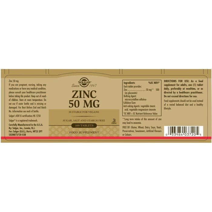 Solgar® Zinc 50 mg Tablets - Pack of 100 Solgar
