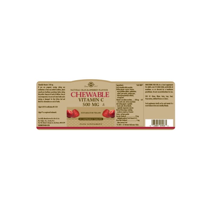 Chewable Vitamin C 500 mg Natural Cran- Raspberry Flavour Chewable Tablets- Pack of 90 Solgar 