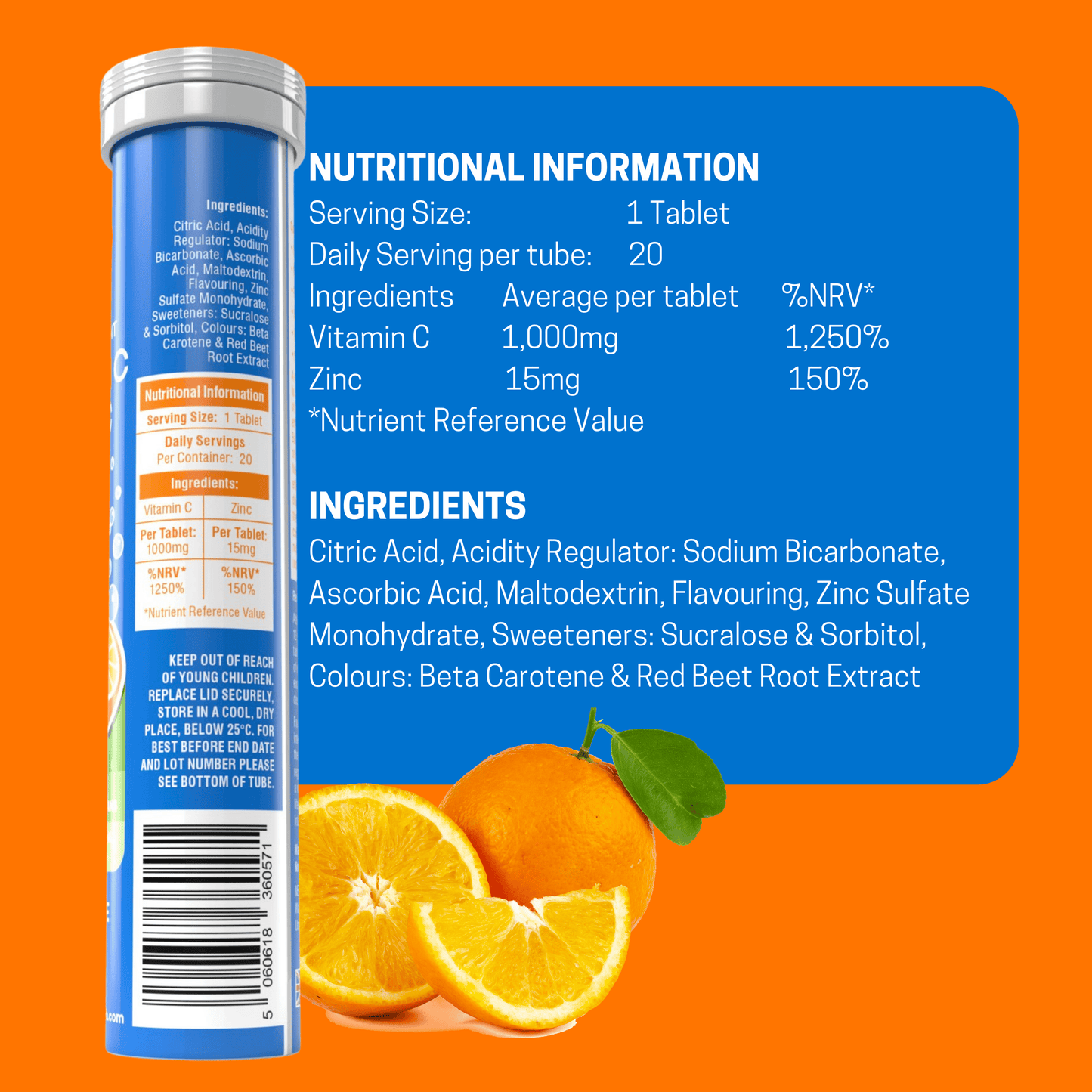 Effervescent Vitamin C 1000mg and Zinc 15mg Orange Flavour - 20 Tablets Effervescent Tablet Northumbria Health 