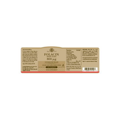 Folacin (Folic Acid) 800 ug Tablets - Pack of 100 Solgar 