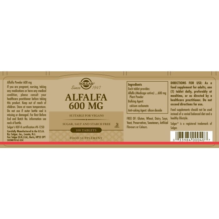 Solgar® Alfalfa 600 mg Tablets - Pack of 100 Solgar 